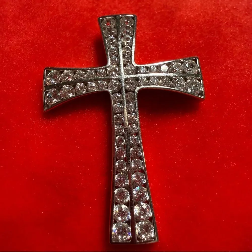Sterling Silver 925 Cross Pendant With White CZ Stones Modern Curved Design